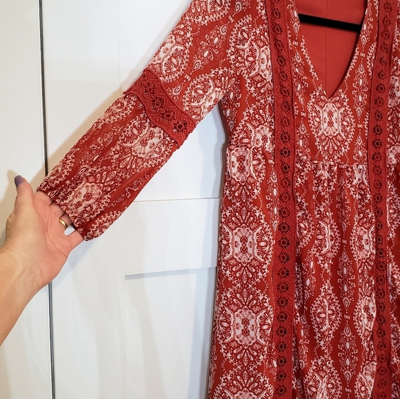 As U Wish Dress Cinnamon Rust Color Print Mini Boho Babydoll Lined Size … - Picture 5 of 16